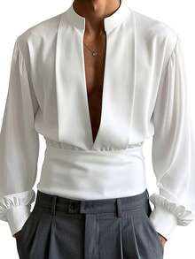 INCERUN Elegant Men Deep V-Neck Long Sleeve Party Casual Loose Blouse Office Work Solid Shirt Tops - 白色 - 查看 2