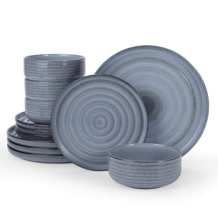 Richmount 12 Piece Dinnerware Sets, Plates And Bowls Sets For 4, Dishwasher & Microwave Friendly - 藍色 - 查看 1