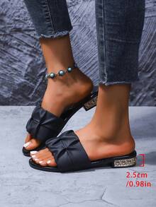 女士低跟拖鞋，波西米亚风时尚休闲性感婚礼 PU 皮革褶皱鞋面，女士平底凉鞋，适合婚礼、派对、办公室、家居、夏季 - 黑色 - 查看 10