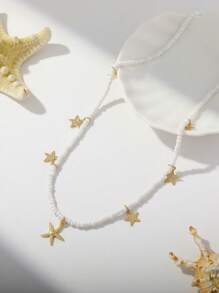 1 pieza Collar estilo océano con estrella de mar y cuentas para mujer, para vacaciones y uso diario
