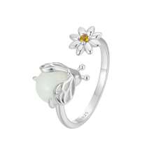 bamoer 1 PAR de anillos abiertos de plata de ley 925 con diseño de insecto y flor para mujer. Anillo de luciérnaga luminoso de ajuste cómodo y alto brillo, ajustable