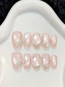 10pcs Summer Sweet Sparkling Diamond Glass Bead Cat's Eye Handmade Acrylic Press On Nails, Simple Cute Short Oval Fake Nails, Full Coverage French Tip Nails With Jelly Glue And Nail File, DIY Nail Art Supplies