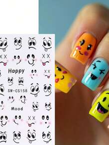 2 Cartoon Cute And Rich Facial Expression Nail Art Stickers - Black, White, Red, Pink Smile, Mischievous, Angry, Intoxicated Expression Art Design, 3D Flat Technology, Suitable For Women's Disposable Self-Adhesive Nail Art Stickers, Cartoon Cute Theme Style, Easy To Stick Nail Decoration Stickers