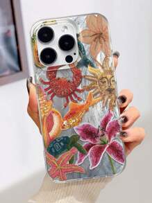 1pc Fashionable Painted Floral, Ocean Crab Design New Large Hole Feather TPU+PC Hybrid Gradient Glossy Protective Phone Case Waterproof Shockproof Anti-Fall Scratch Resistant