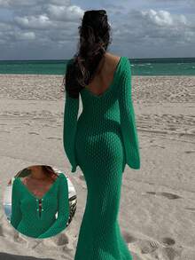 Women's Long Sleeve Hollow Out Swimsuit Cover Up, Elegant Bohemian Beach Resort Style V-Neck Dress - Olive Green - View 6