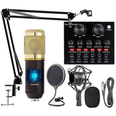 Podcast Microphone Bundle, BM-800 Condenser Mic With Live Sound Card Kit, Podcast Equipment Bundle With Voice Changer And Mixer Functions For PC Smartphone Studio Recording & Broadcasting