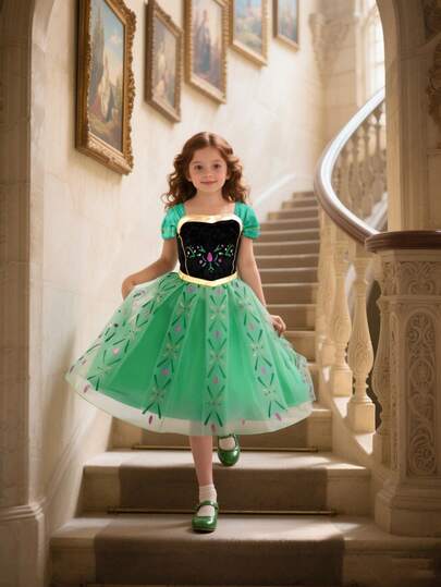 女童（小）魅力数码印花网眼公主裙，适合外出游玩、朋友聚会、生日派对、公主派对、舞台表演等大型活动