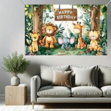 Fundal de ziua de naștere în junglă pentru animale sălbatice, dimensiune, fundal de fotografie din poliester, decorare de petrecere cu desene animate la grădina zoologică, material textil de fundal foto pentru botez, fundal de petrecere cadou, nu necesită electricitate
