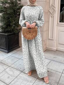 Full Print Elegant & Fashionable Arab Style Casual Long Sleeve Dress - Grey - View 5