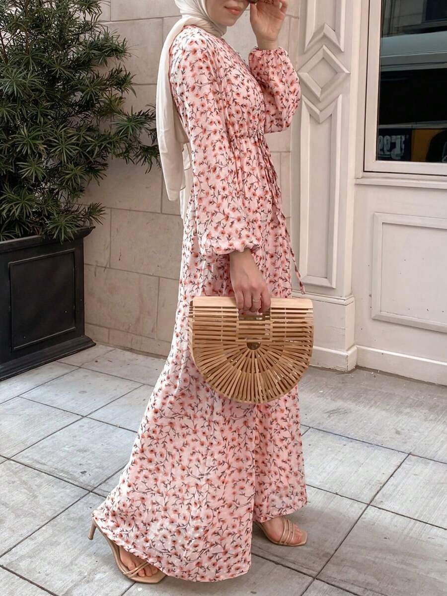 Full Print Elegant & Fashionable Arabic Style Long Sleeve Dress - Baby Pink - View 1