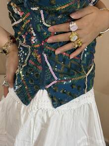 Women Sequin Beaded Halter Tops Y2k Sparkly Sleeveless Hanging Neck Slim Fit Crop Tank Top Summer Backless Low Cut Glitter Cami Vests Shirts Cute Going Out Tops Vintage Aesthetic Clothes Beach Vacation Party Streetwear - 藏蓝色 - 查看 7