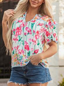 Women's Pink Floral Print Striped Trim Split Neck Short Sleeve Shirts Blouse Boho Summer Tops