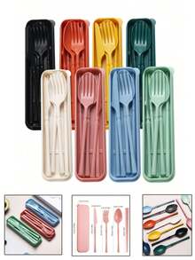 3Pcs/5pcs/Set Portable Travel Utensil Set With Case, Fold Reusable Tableware Includes Cutlery, Coffee Spoon, Salad Fork, Steak Knife, And Storage Box, Reusable Cutlery Old With Case, Portable Utensils Set For Adults, Tableware Camping Cutlery Set, Travel Utensils Set For Kitchens, Dishwasher Friendly, For School, Picnics, Parties, Outdoor Dining, Camping,School Supplies