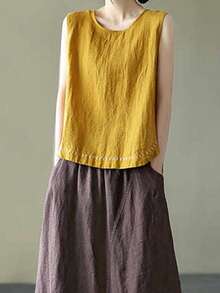 Women's Tank Tops Summer Causal Versatile Solid Color Plus Size Loose Sleeveless Linen Shirt - Yellow - View 2