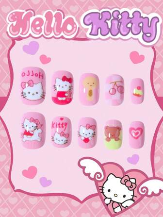 Sanrio Sanrio Hello Kitty 24 stuks korte vierkante French Tip nagels schattige 3D Hello Kitty opdrukbare nagels passen perfect acryl nepnagels set, Hello Kitty nagels, nagelkunst voor meisjes en kinderen dagelijks gebruik en gebruik bij familiebijeenkomsten, roze meisjesstijl, zomernagel, lentenagel.