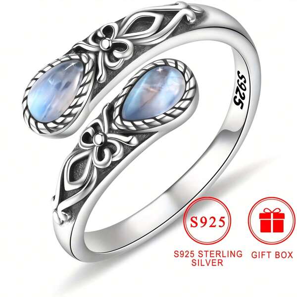 S925 Sterling Silver Moonstone Spoon Ring, Low Sensitivity Nickel-, Victorian Style, Adjustable Finger Jewelry, Bohemian Festival Theme, Synthetic Stone, Made Of Silver, Comes With Box, Everyday Wear Women's Fashion Accessory
