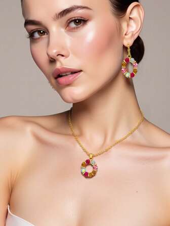 Ensemble de bijoux collier et boucles d'oreilles avec incrustation de strass colorés en forme de cercle, style européen et américain