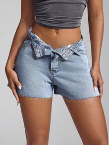 Jeanoix Quần short denim thời trang đường phố không đối xứng cho nữ có viền tua rua cho mùa hè - Rửa trung bình - Xem 4