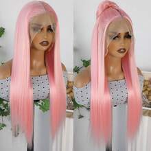 13X6 Free Part Platinum Blonde Lace Front Wigs 28 Inch Pre Plucked Long Straight Hair Wigs Glueless Soft Ash Blonde Colored Wigs Heat Resistant Fiber Hair Synthetic Lace Front Wigs For Women For Daily Christmas Party Cosplay Use - Màu Hồng baby - Xem 3