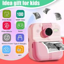 Kinderen camera instant camera, 180° roterende selfie lens print en digitale camera muziekspeler, geniet van de muziek tijd, idee cadeau voor kinderen, kan app verbinding printen, het is zowel een camera en een printer met 2 rollen papier