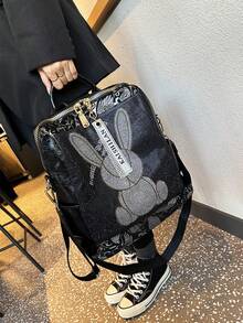 Unisex Backpack, Black With Silver Rhinestone Rabbit Pattern, Decorative Pendant, Unique Design, Large Capacity Backpack, Comfortable Shoulder Straps, Fits Laptop, Handheld, Backpack, Shoulder Bag, School Bag - Silver - View 6