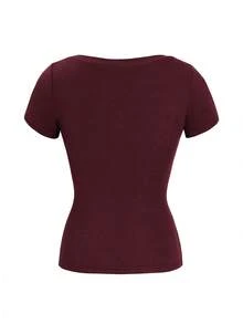 Vaiaye 女士 Y2K 风格字母印花修身短袖 T 恤，春夏休闲款 - 紅色 - 查看 4