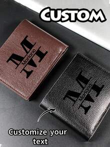 1个定制男士短款钱包，纯色字母印花，PU皮革材质，简约对折多卡位钱包，个性化礼物，适合送给兄弟、父亲、男友，周年纪念日、父亲节、圣诞节、情人节 - 黑色 - 查看 5