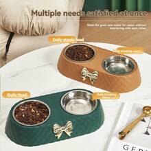 Stainless Steel Double Bowl Pet Dog Food Bowl, Cute Bow Design Cat Feeding Bowl, Dual Use For Food And Water
