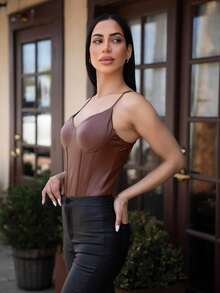 Carolina Barros Solid PU Leather Casual Fashion Cami Bodysuit - Coffee Brown - View 3