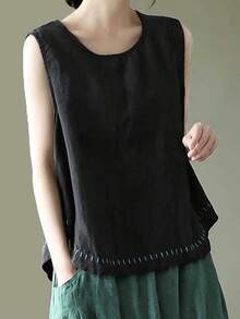 Women's Tank Tops Summer Causal Versatile Solid Color Plus Size Loose Sleeveless Linen Shirt - Black - View 5