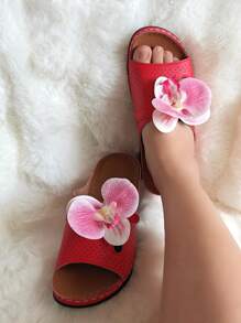 1 Pair Casual Beach Sandals With Cute Floral Print, Wide Comfort Footbed, Thick Platform, Vacation Holiday Summer House Slippers With Dopamine Color Blocking, Hawaii Design