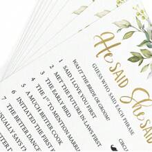 10/20/30/50 Stücke bedrucktes Partyspiel für Bridal-Shower - Er sagte, sie sagte Spiel mit lustigen Braut und Bräutigam Trivia, Aktivität für Hochzeitsdusche, botanisches Eukalyptus-Thema