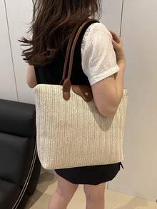 A Simple And Versatile Solid Color Casual Tote Bag, Large Capacity, With Zipper, Can Be Worn As A Shoulder Bag, Suitable For Shopping, Vacation, Work And Commuting And Other Occasions. - Beige - View 7