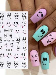 2 Cartoon Cute And Rich Facial Expression Nail Art Stickers - Black, White, Red, Pink Smile, Mischievous, Angry, Intoxicated Expression Art Design, 3D Flat Technology, Suitable For Women's Disposable Self-Adhesive Nail Art Stickers, Cartoon Cute Theme Style, Easy To Stick Nail Decoration Stickers
