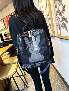 Unisex Backpack, Black With Silver Rhinestone Rabbit Pattern, Decorative Pendant, Unique Design, Large Capacity Backpack, Comfortable Shoulder Straps, Fits Laptop, Handheld, Backpack, Shoulder Bag, School Bag - Silver - View 5