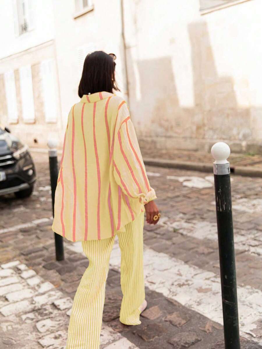 Cămașă cu mânecă lungă în dungi, cu mânecă lungă în dungi, potrivită pentru îmbrăcăminte casual de primăvară/vară/toamnă, navetă, zilnic, călătorie, cafenea, petrecere în aer liber, înapoi la școală, vacanță