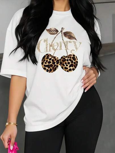 Camiseta Casual de Manga Corta para Mujer - Estampado de Leopardo y Cerezas, Negra con Detalles Dorados Brillantes, Elasticidad Media semitransparente ligera  Lavable en Máquina, Comodidad Todo el Año