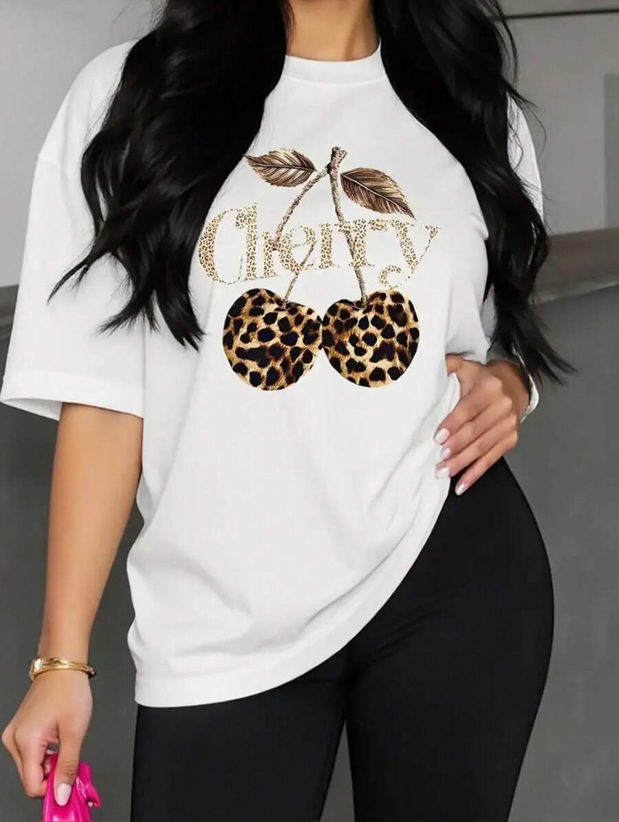 Camiseta Casual de Manga Corta para Mujer - Estampado de Leopardo y Cerezas, Negra con Detalles Dorados Brillantes, Elasticidad Media semitransparente ligera  Lavable en Máquina, Comodidad Todo el Año - Blanco - Ver 1