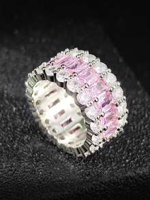 MOONSO 1 件奢华复古粉色三层方晶锆石鸡尾酒戒指，适合女士，适合派对、宴会和礼物，高端感觉 R6156