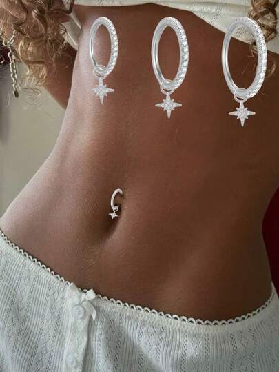 1PC 925 Sterling Silver North Star Hoop CZ Belly Ring, Belly Piercings, 8mm 10mm 12mm, Hoop Piercing, Belly Hoop