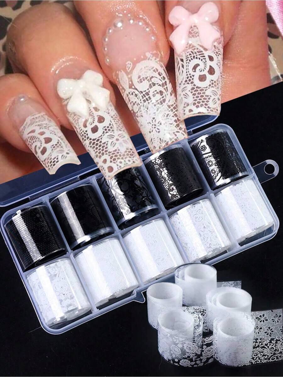 10 Rolls/Box Black & White Lace Nail Art Stickers, Nail Transfer Stickers, DIY Nail Decoration Accessories Nails Nail Supplies - 多色 2 - 查看 1