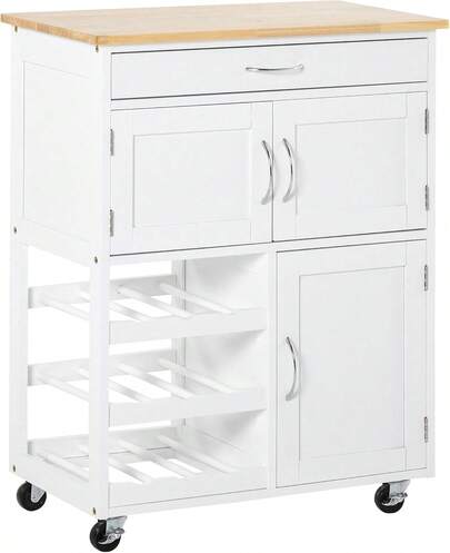 Carro de Cocina Carrito Auxiliar con Ruedas Cajón 2 Armarios de Almacenaje y 3 Estantes Abiertos de 9 Botellas para Comedor Restaurante 67x37x87 cm Blanco