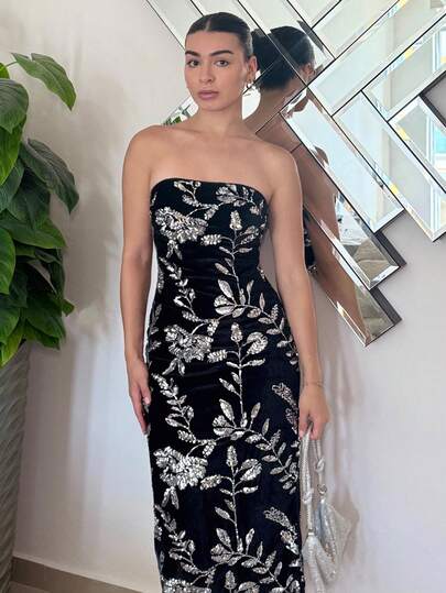 Andrea Bello 奢华派对优雅天鹅绒紧身连衣裙，女式亮片紧身连衣裙，修身剪裁，适合春夏季和情人节