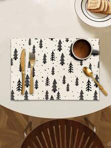 1 pieza Camino de mesa impreso con patrón de árbol de Navidad, 4/6/8 piezas Individuales impresos con patrón de árbol de Navidad, adecuados para fiestas, cumpleaños, cenas, cocina, comedor, decoración del hogar y la habitación para todo el año, decoración de mesa