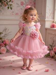 Patchwork Sequins Tiered Dress, Lovely Princess Birthday Party Dress For Baby Girls And Toddlers, Suitable For 1 Year Old Party, Does Not Include Hair Accessories