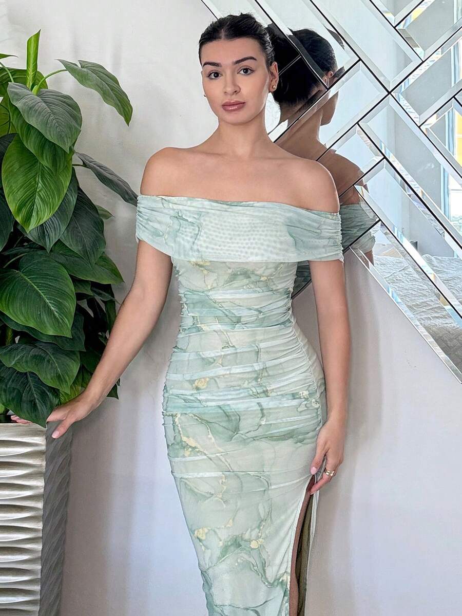 Andrea Bello Vestido largo de corte slim de estilo romántico para citas, vestido impreso con malla off-shoulder, vestidos color pastel para mujer