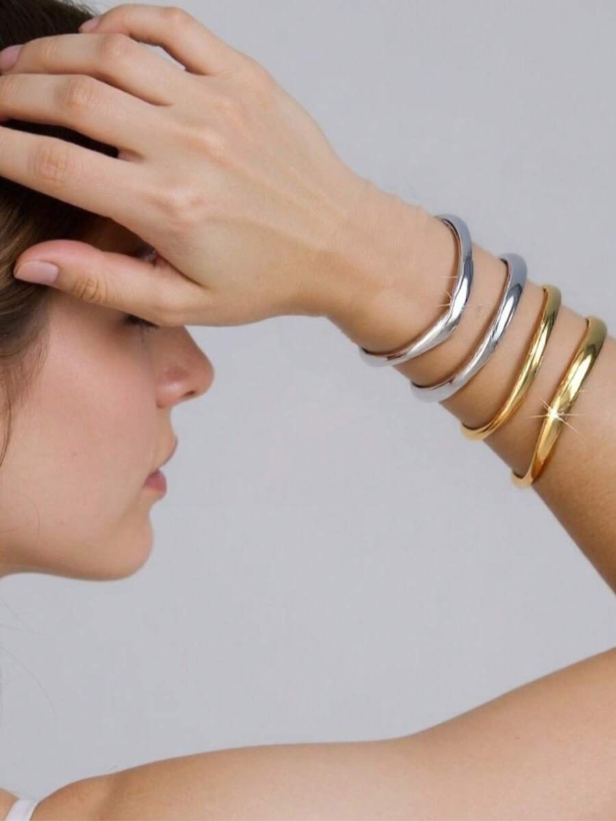 1 件时尚简约金属亮面波浪双层线镂空水滴开口手镯