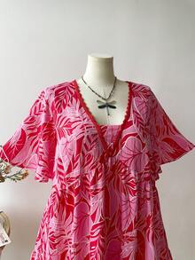 Rusttydustty 大码女式波西米亚热带树叶印花V领短袖宽松A字连衣裙，红色和粉色，适合音乐节等夏季场合，优雅时尚 - 紅色 - 查看 5