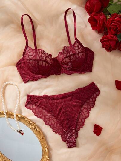 Women Verleidelijke Lingerie Set, Bordeaux Kanten Bloemen BH Set Adjustable Straps, Bra, view 3