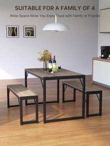 45.5" Dining Table Set For 4, Kitchen Table Set With 2 Benches, Dining Room Table Set With Metal Frame & MDF Top, Space-Saving Dining Nook - 灰色 - 查看 3